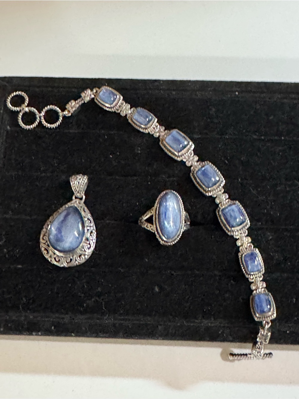 925 Sterling Silver Blue Kyanite Jewelry Set - Bracelet, Ring & Pendant